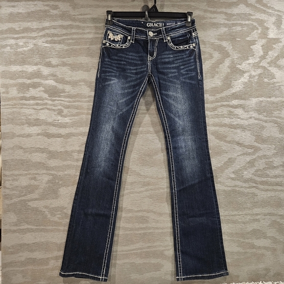 Grace SZ 27 Y2K Med Wash Low Rise Embellished Boot Cut Biker Rodeo Denim Jeans - Picture 2 of 11